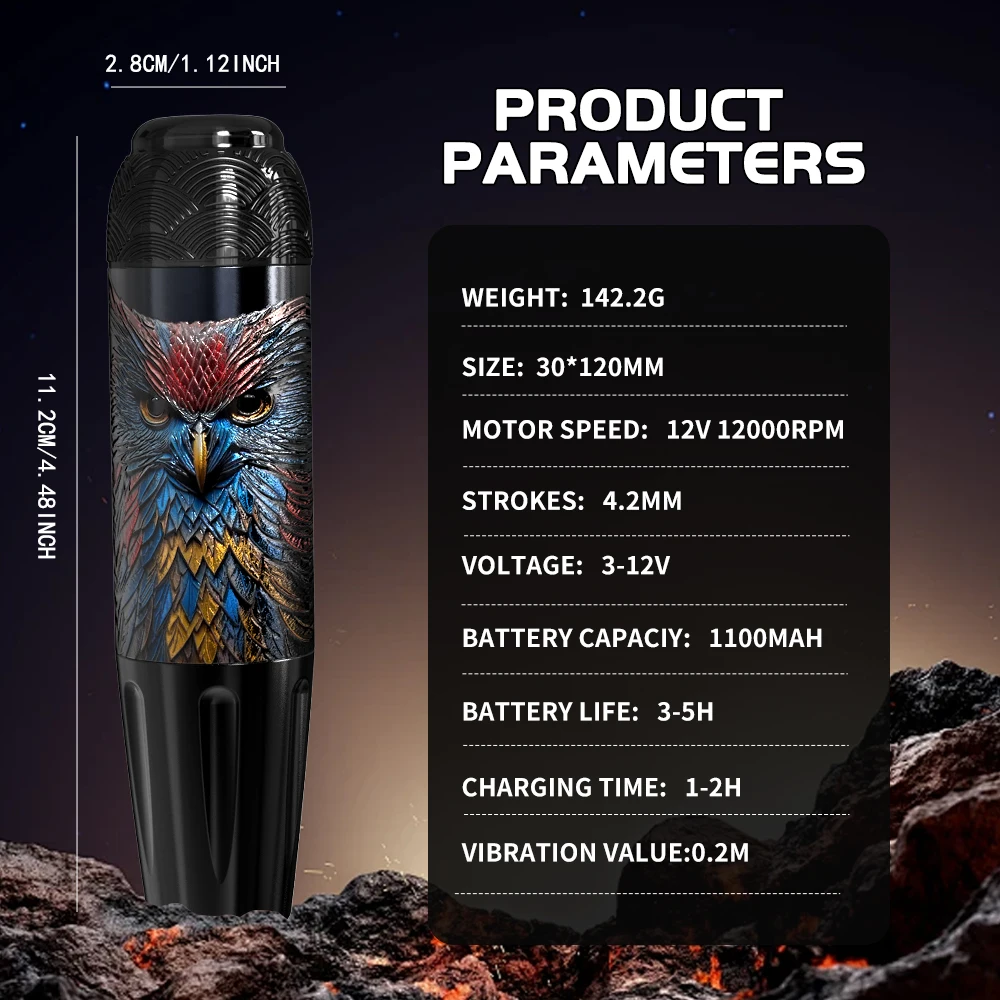 Owl Pattern Cordless Rotary Tattoo Pen Kit Digital Display Complete Tattoo Starter Set