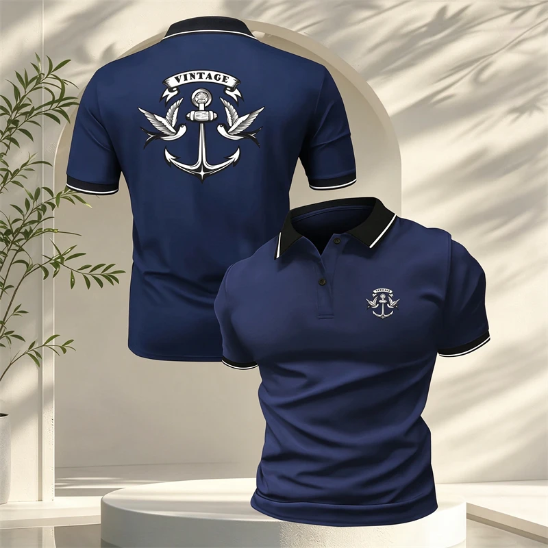 Nautical Anchor Graphic Polo Shirt for Men Short Sleeve Marine Style Collared Top with Winged Emblem Print Casual Summer Outfits