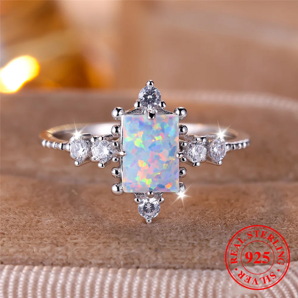 

Cute Female Natural White Fire Opal Stone Square Ring Real 925 Sterling Silver Wedding Jewelry For Women