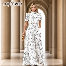 CHICEVER Printing Jumpsuits For Women Stand Clollar Short Sleeve High Waist Wide Leg Pant Spliced Pockets Loose Jumpsuit Female