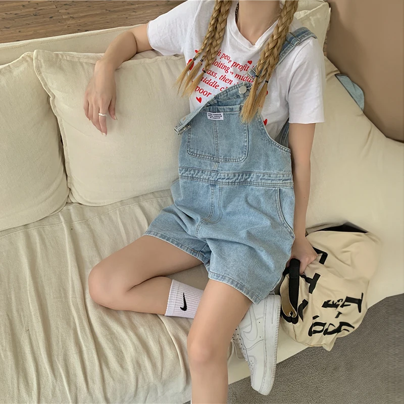 

Women's High Waisted Denim Overalls Shorts Korean Wide Leg Pants Light Blue Jumpsuits Baggy Jeans Casual Fashion Summer