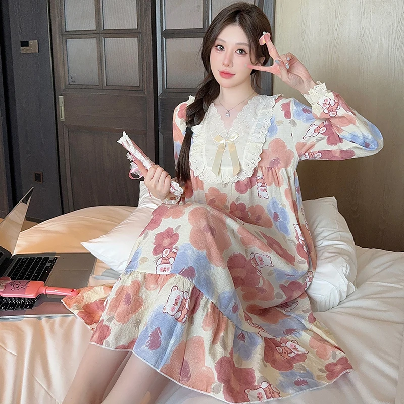 

Autumn Maternity Dress Plus Size Lace Patchwork Long Sleeve Ruffled Collar Pregnant Woman Floral Nightgown Maternity Pyjamas 5XL