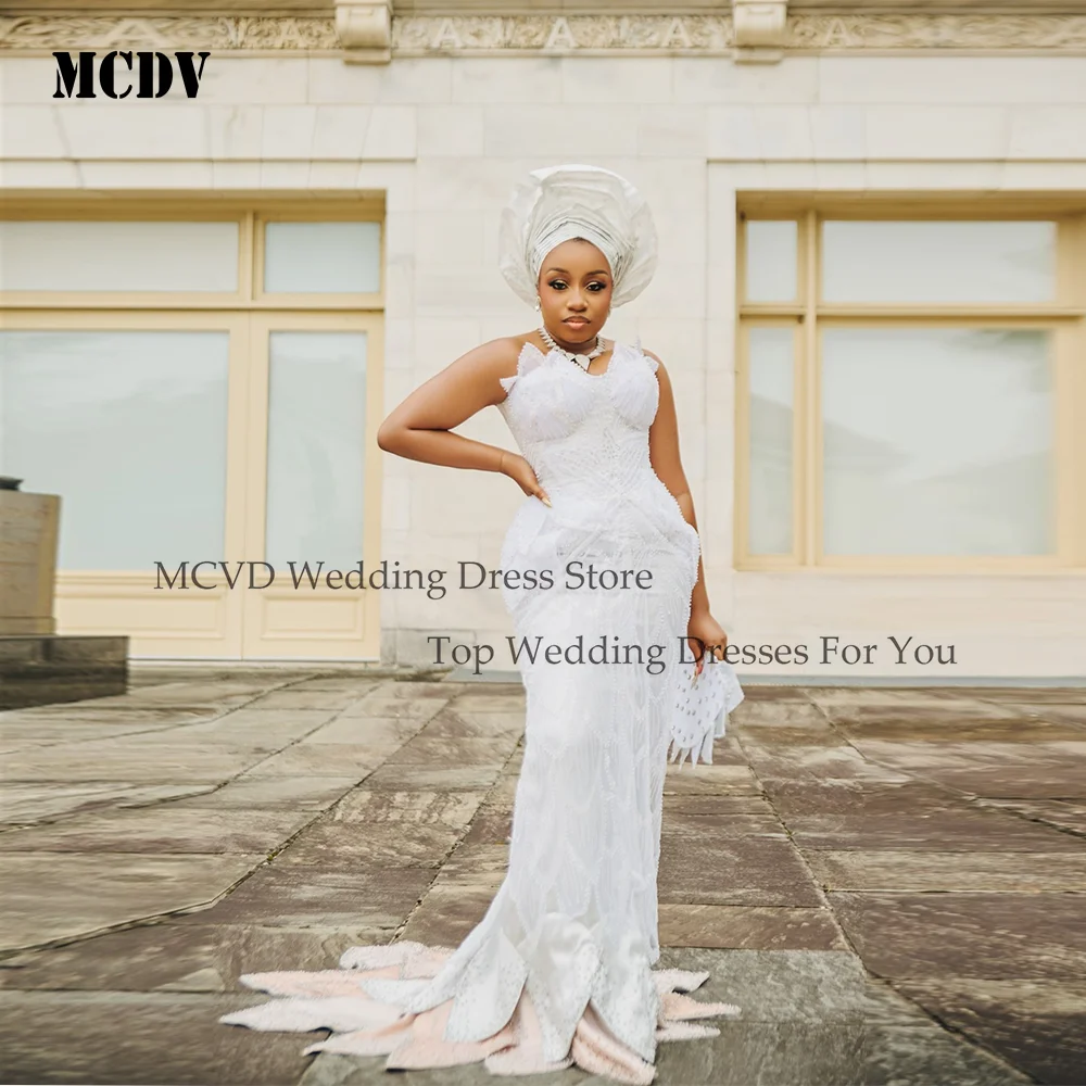 

MCDV Beaded Wedding Dresses Bridal Mermaid Sleeveless Pearls Crystal Bride Gowns For Black Women Customized vestido de novia