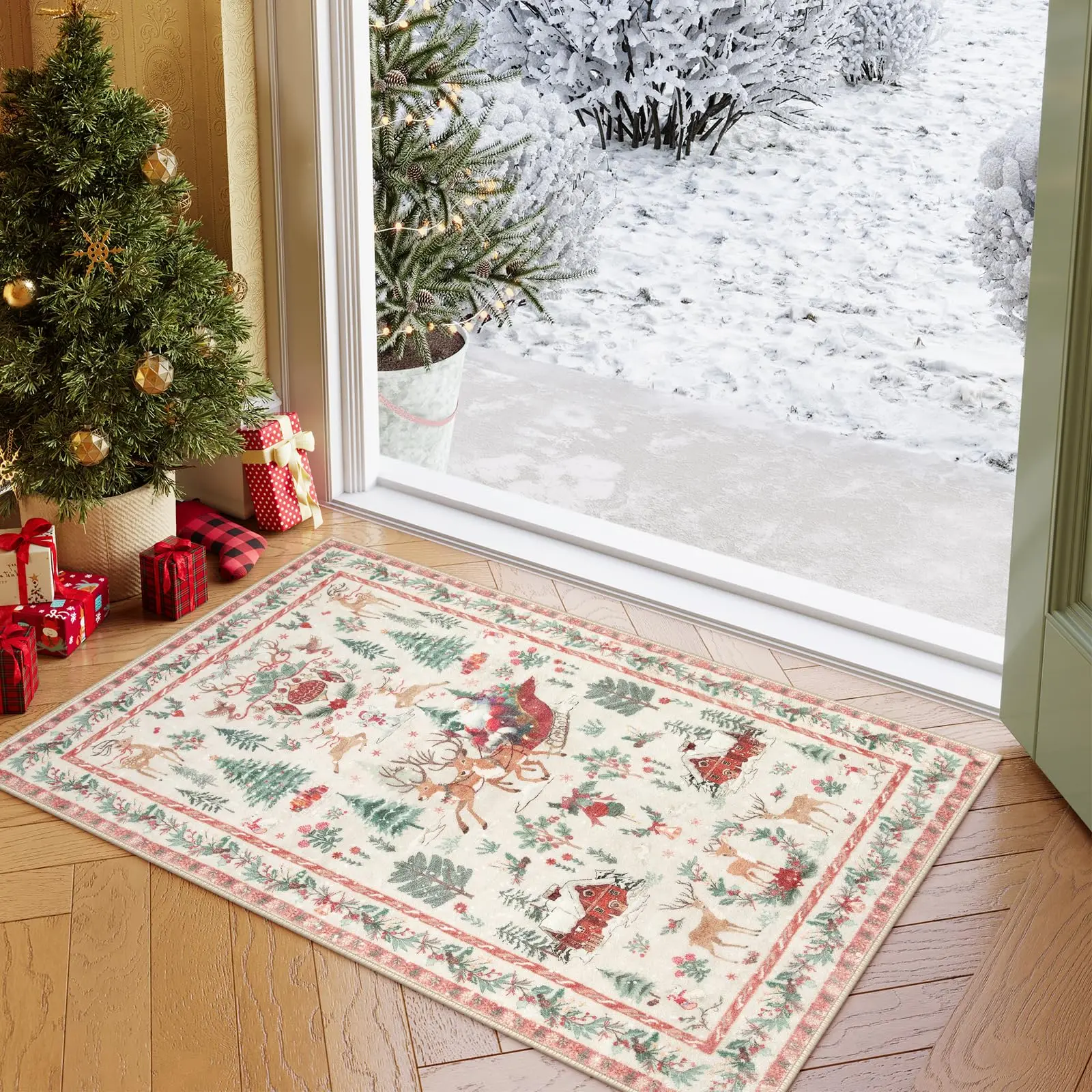 Festive Wreath Print Coir Welcome Mat Non Slip Outdoor Entryway Rug Christmas Front Porch Decor