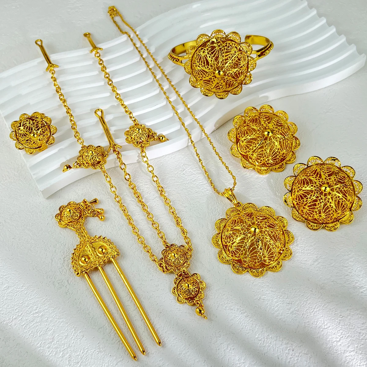 ANIID Ethiopian 24k Gold Plated 6PCS Jewelry Sets For Women Indian Dubai High Quality Necklace Set Wedding Party Gifts