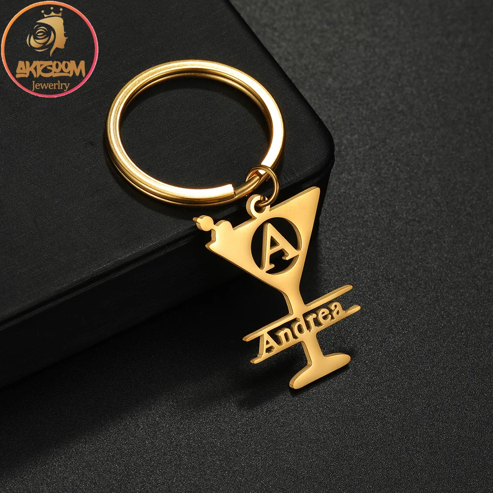 Akizoom Custom Name Big Letter Keychain Stainless Steel Personalized Initial Butterfly Round Key Rings for Woman Jewelry Gift