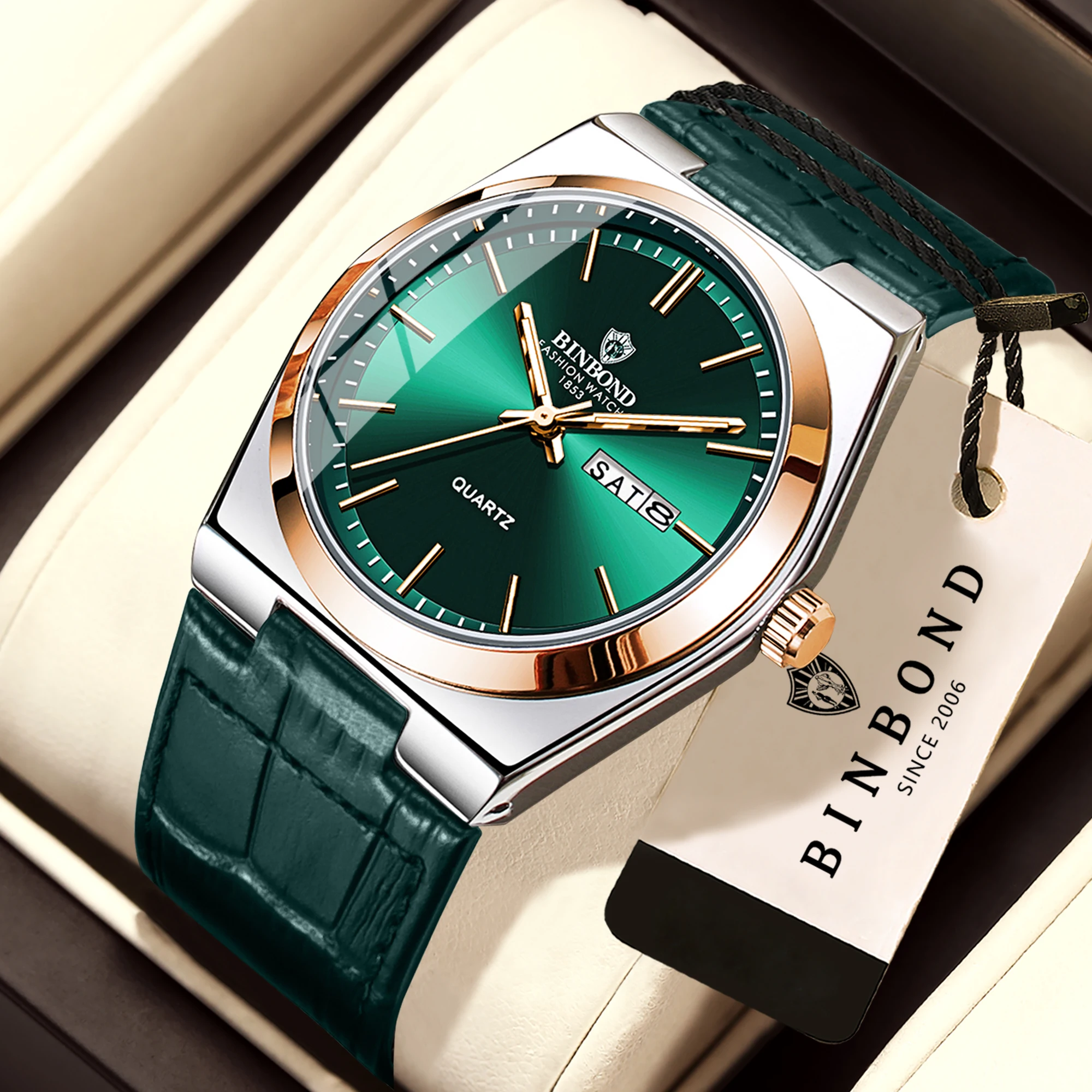 Reloj BINBOND Duradero para Hombre, Correa de Cuero, Relojes de Pulsera de Cuarzo de Lujo, Precisos, Luminosos, Resistentes al Agua, con Fecha Automática y Visualización del Día de la Semana