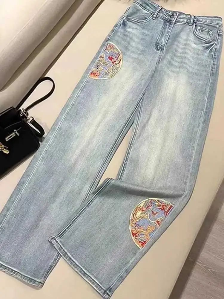 

Ele Embroidered Wide Leg Jeans Women's Sle Spring New plus Size Casual Heavy Embroidery National Trend High Waist Zipper