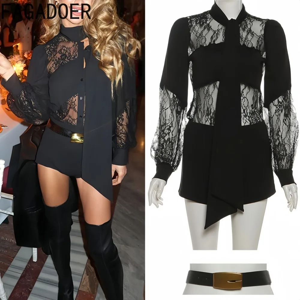 

FAGADOER Sexy Lace Patchwork Two Piece Outfits Woman Solid Color Hollow-out Tops and Shorts Matching Female Streetwear Clothing