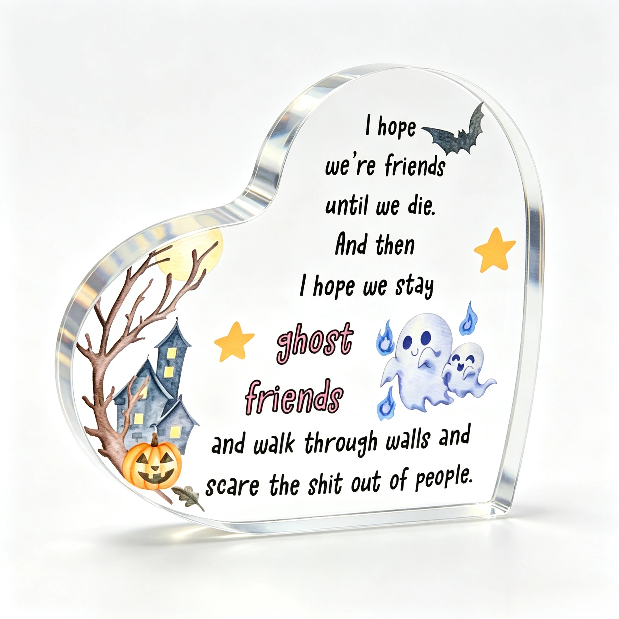 Humorous Best Friend Quote Heart Acrylic Stand, Cute Ghost Bat Pumpkin Halloween Shelf Ornament
