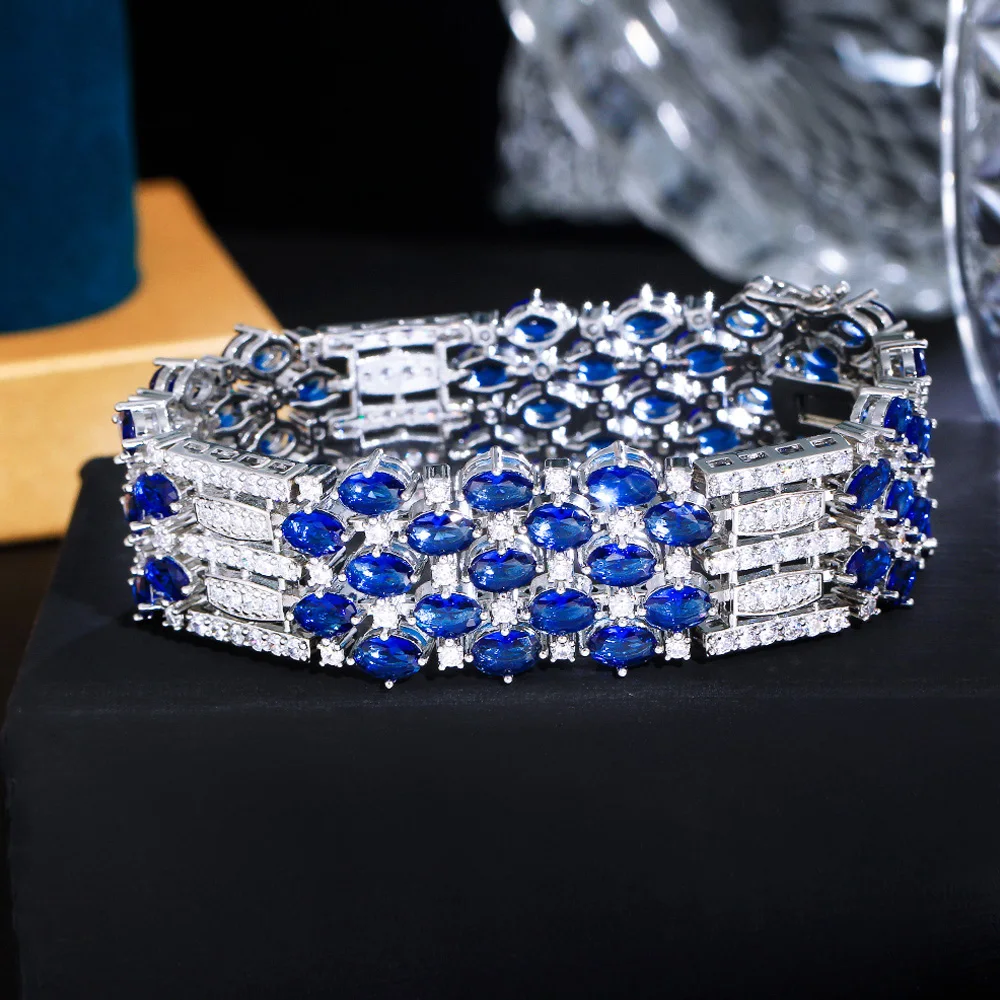 ThreeGraces High Quality Blue Cubic Zirconia Silver Color Luxury Bridal Party Bracelet for Women Fashion Banquet Jewelry BR296