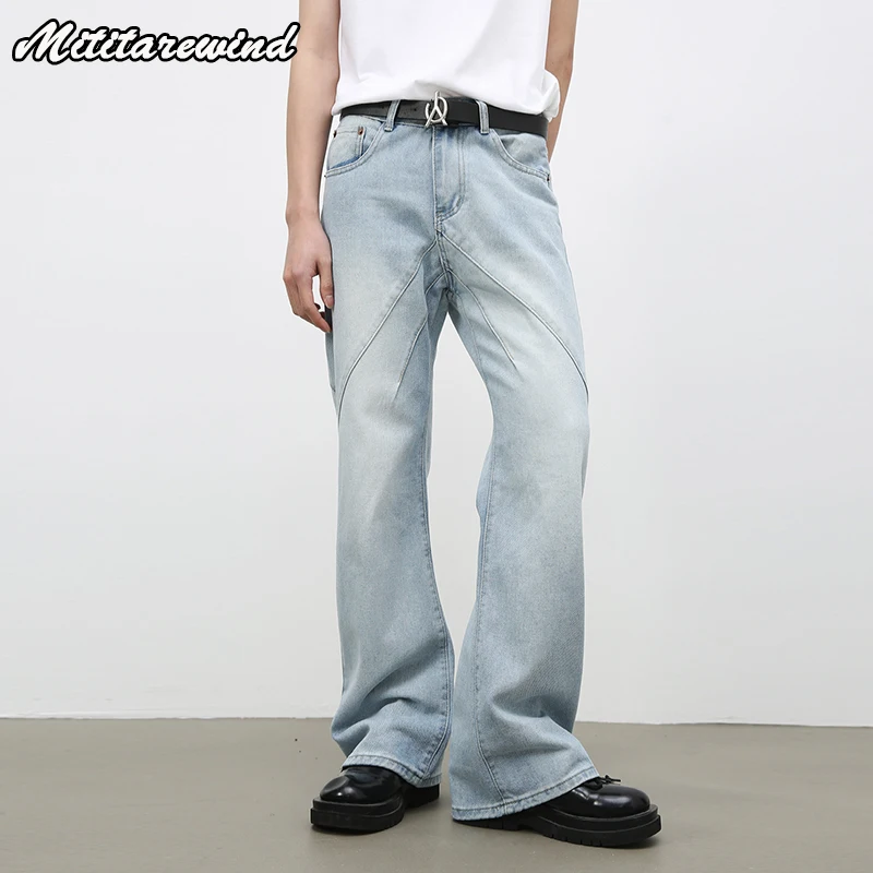 American Retro Washed Spliced bootcut Jeans For Men Light Blue Jeans Trousers Casual Loose Mid-waist Straight Denim Pant Men