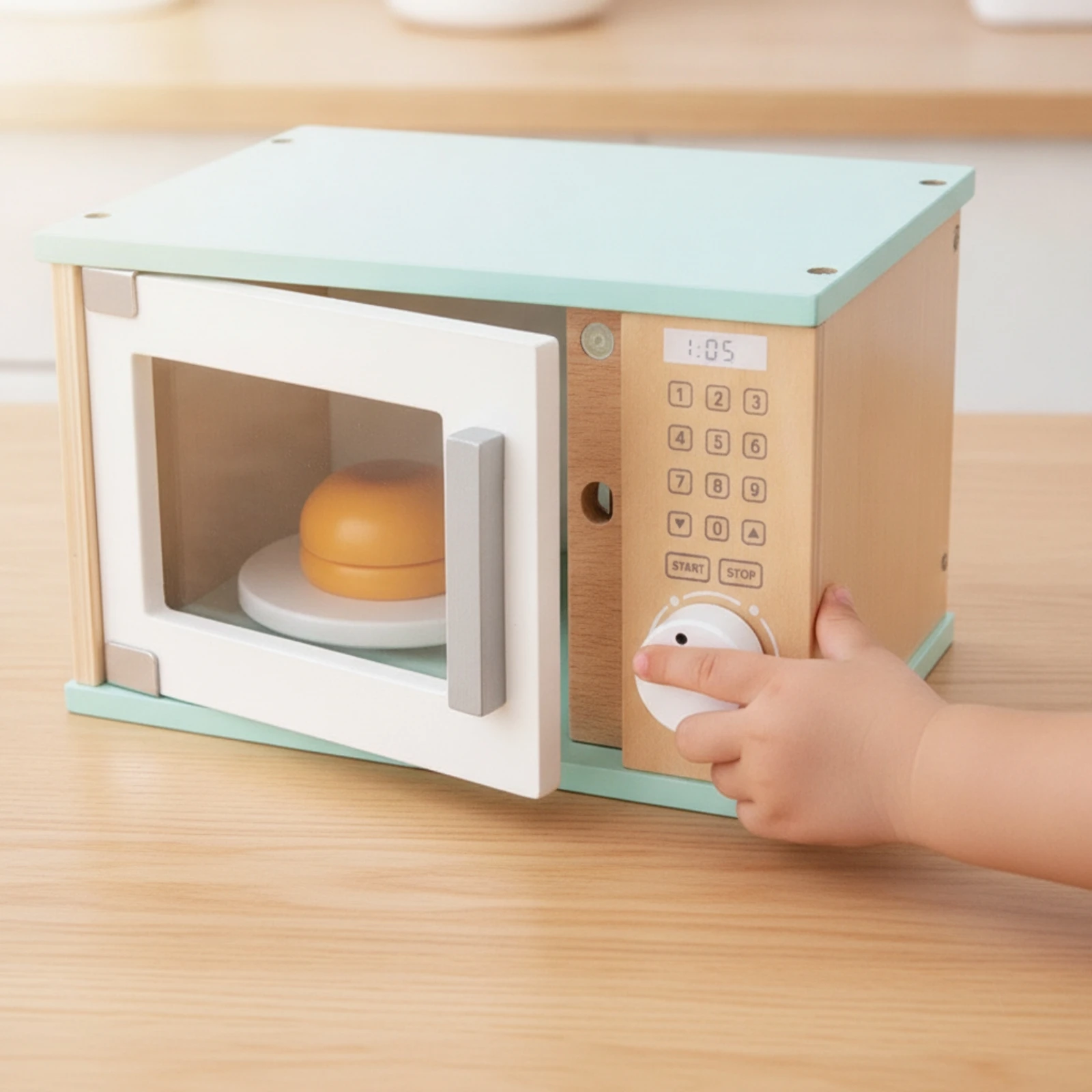 Wooden Toy Microwave Interactive Toy Oven with Rotary Knob Wooden Screenscreenless Play Kitchen Appliance Child-Friendly