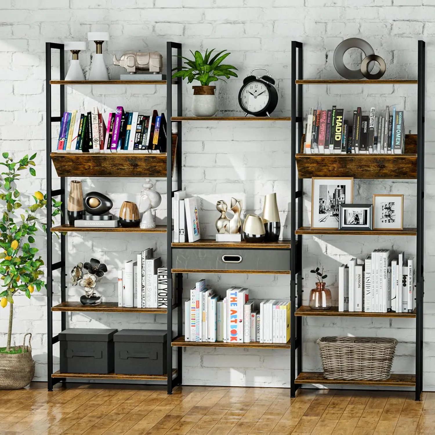 Triple Wide 5 Tier Bookshelf, Adjustable Rustic Industrial Style Book Shelves, Modern Bookcases and Bookshelves Furniture