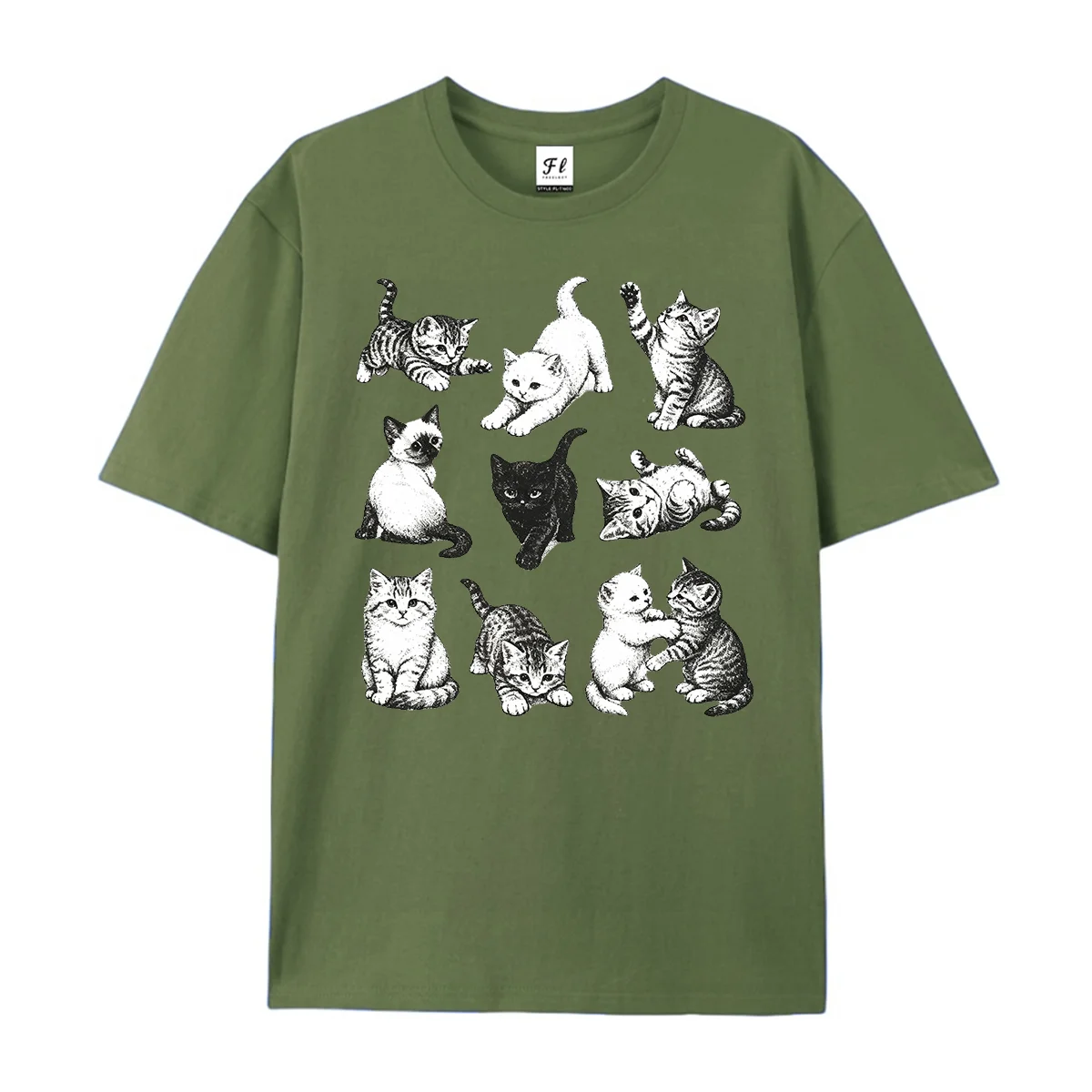 Vintage Multiple Kittens Graphic T‑Shirt Black White Sketch Nine Playful Cats Collection Print Cute Cat Lover Casual Unisex Tee