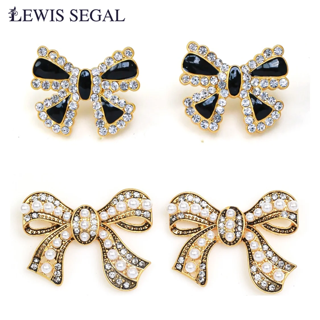 

LEWIS SEGAL Vintage Ribbon Rhinestone Stud Earrings Luxury for Women Girls Medieval Style Fine Jewelry 18K Gold Plated