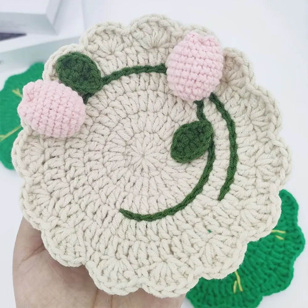 Creative Crochet Coaster Mat Lotus Leaves Shaped Cute Handmade Finished Cup Mat Non-Slip Heat Resistant Drink Coaster