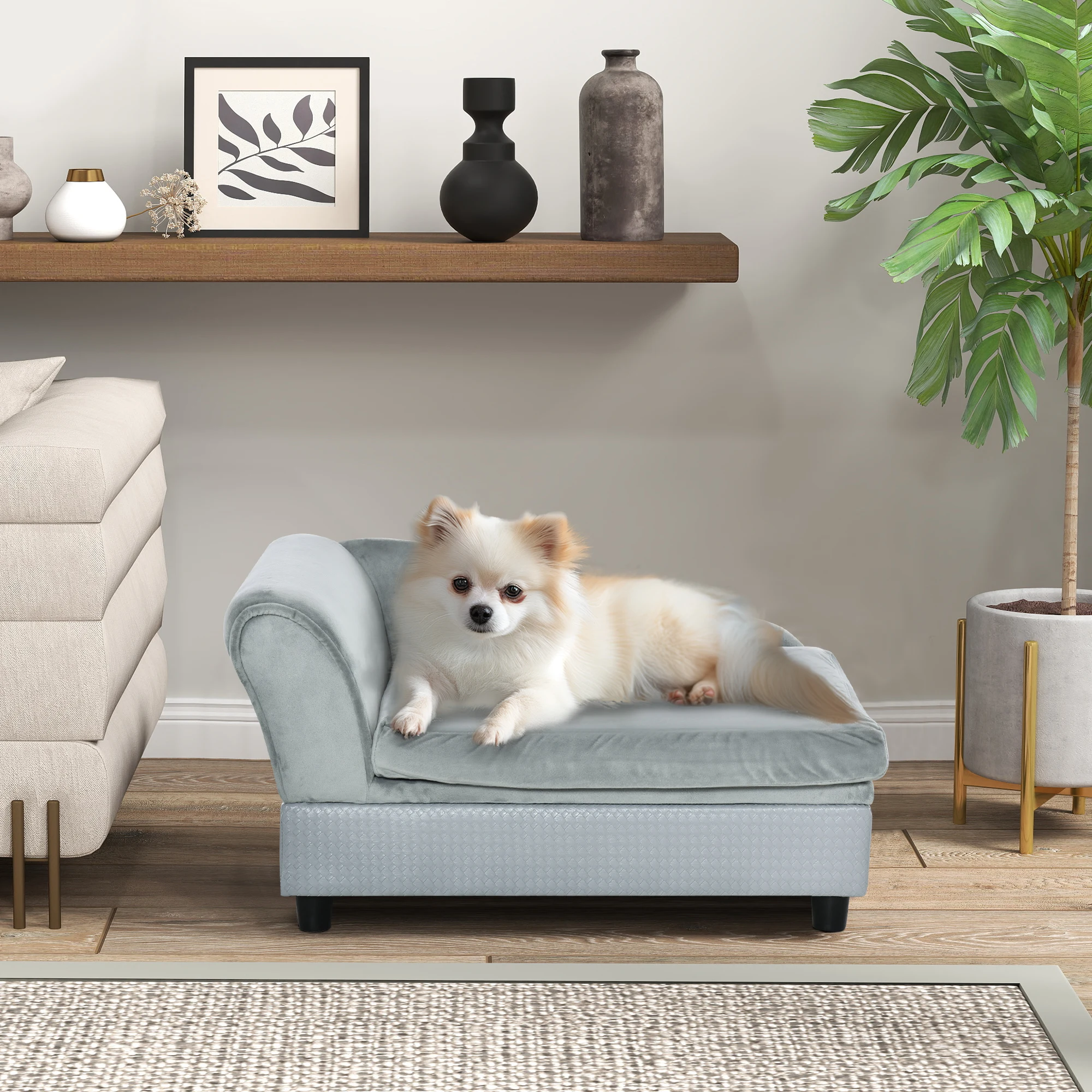 

Luxury Dog Sofa Bed with Hidden Storage 2 Soft Foam Modern Pet Furniture for Puppies Pale Gray