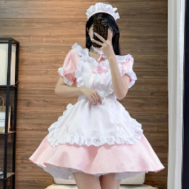 Anime giapponese cameriera Costume Cosplay multicolore dolce fiocco cuore Lolita abbigliamento collo quadrato manica corta vestito da miniera vestiti delle donne