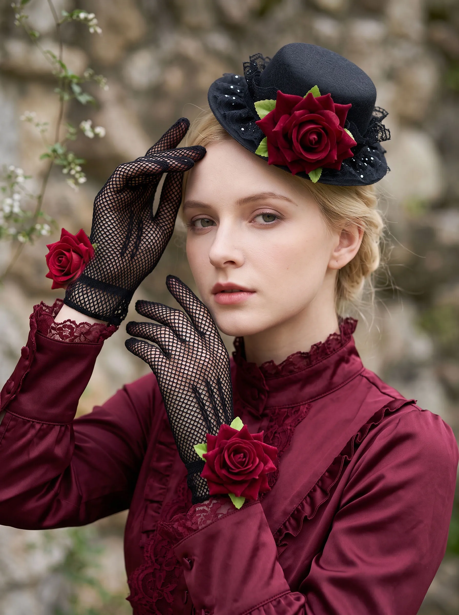 2Pcs Adult Vintage Red Rose Lace Hat Hair Clip Lace Rose Gloves Set Halloween Dark Wedding Party Costume Accessories