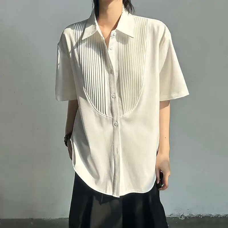 

Men's Pleated Design Shirt Turn-down Collar Short Sleeve Korean Style Top Single Breasted Loose Male Clothing Simple O56X