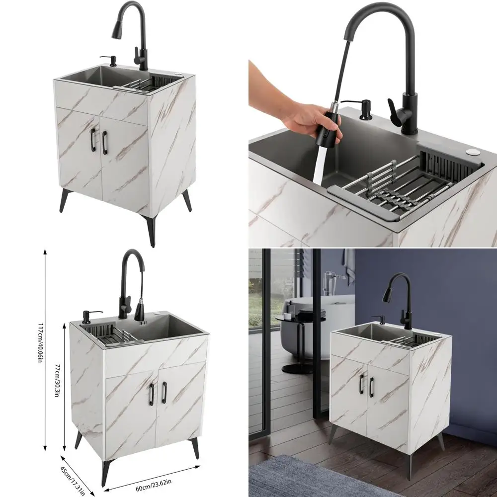

Heavy-Duty Freestanding Utility Sink with Pull-Out Faucet, Gravity Ball, and Drain Basket for Washing - Laundry Sink Cabinet Sol