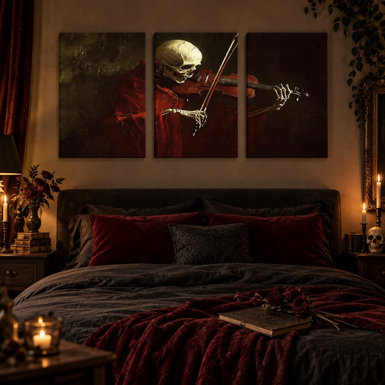 3 skeletons playing violin, dark art, 2D flat printing, frameless painting