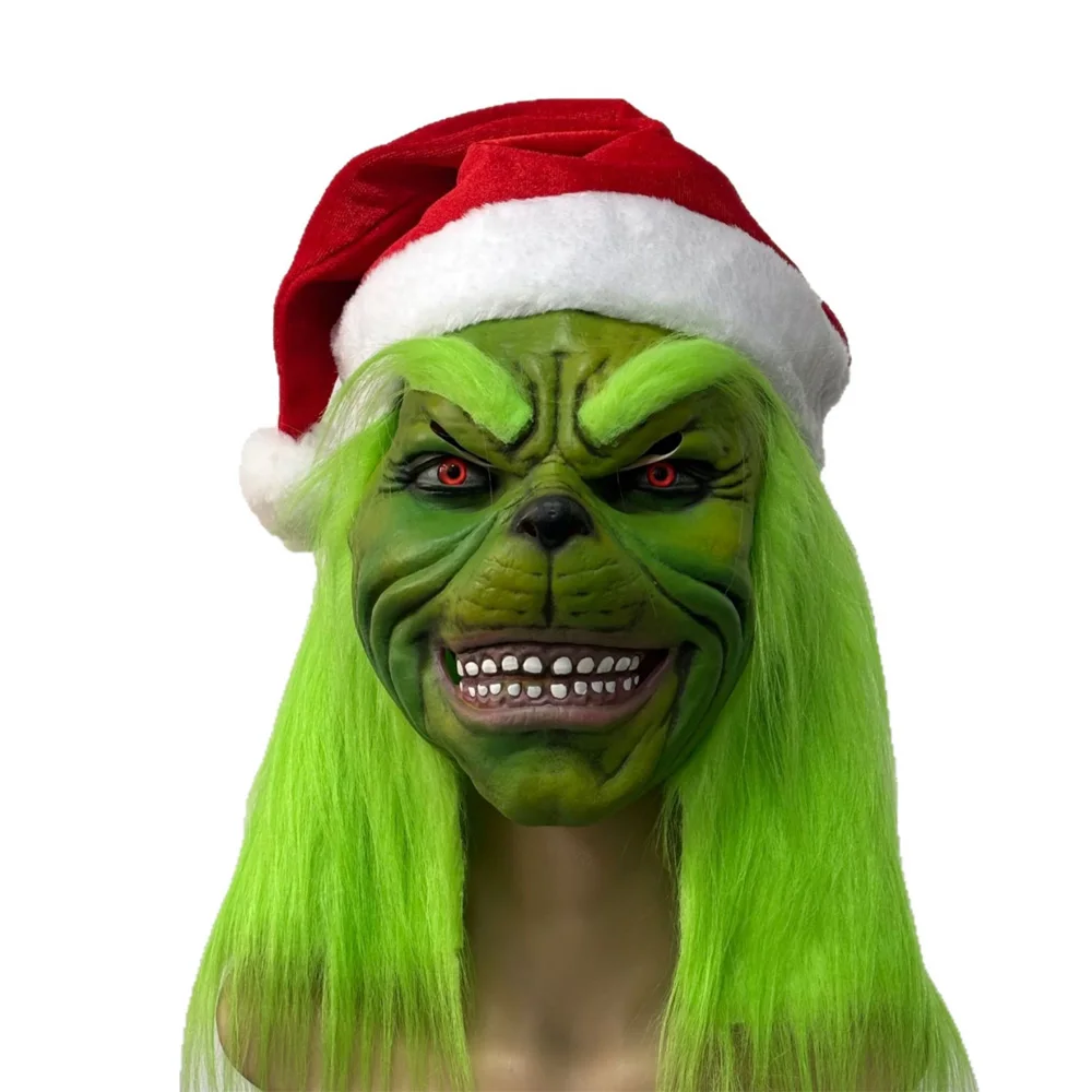 

Горячая новинка, зеленая рождественская маска с красной шляпой, косплей, Хэллоуин, Рождество, забавный карнавал, вечерние, анфас, головной убор, шлем, реквизит для костюма