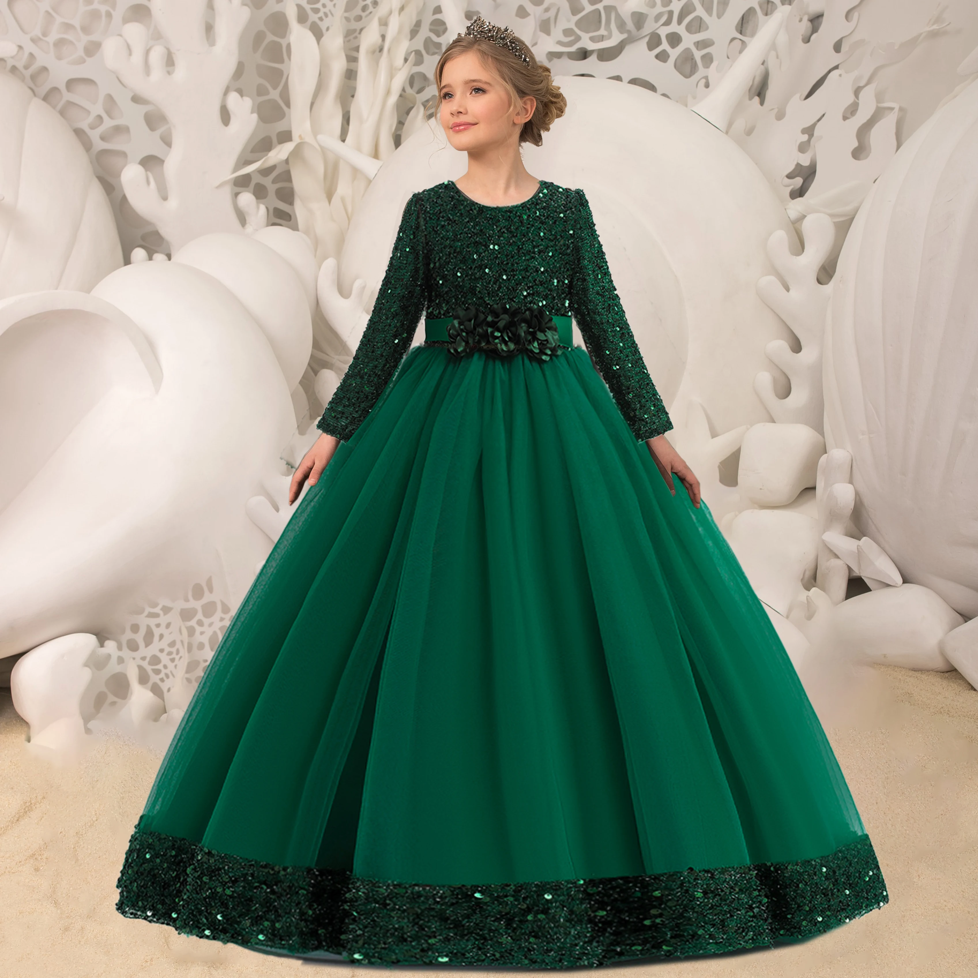 2024 Sequin Christmas Kids Party Dresses For Girls Bridemaid Costume Flower Long Sleeve Prom Princess Dress Wedding Evening Gown