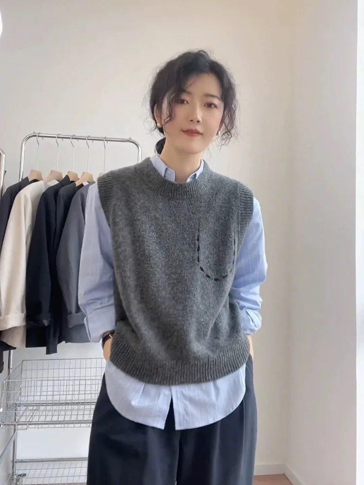 سترة Ele Round Ne Camere للسيدات ملابس خارجية فضفاضة محبوكة من الصوف وسادة كتف فرنسية Sle لون نقي ناعم