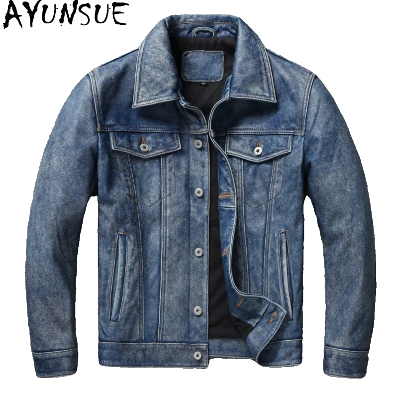 

AYUNSUE Genuine Leather Mens Jacket Cowhide Coats Autumn Men Clothing Retro Denim Blue Size S-6XL Short Jackets Chaquetas Hombre