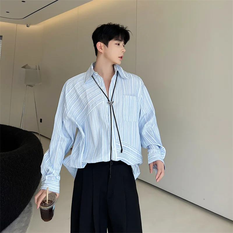 

2024 Men Spring Summer Fashion Casual Turn Down Collar Shirt Male Long Sleeve Pocket Blouses Mens Loose Striped Shirts F212