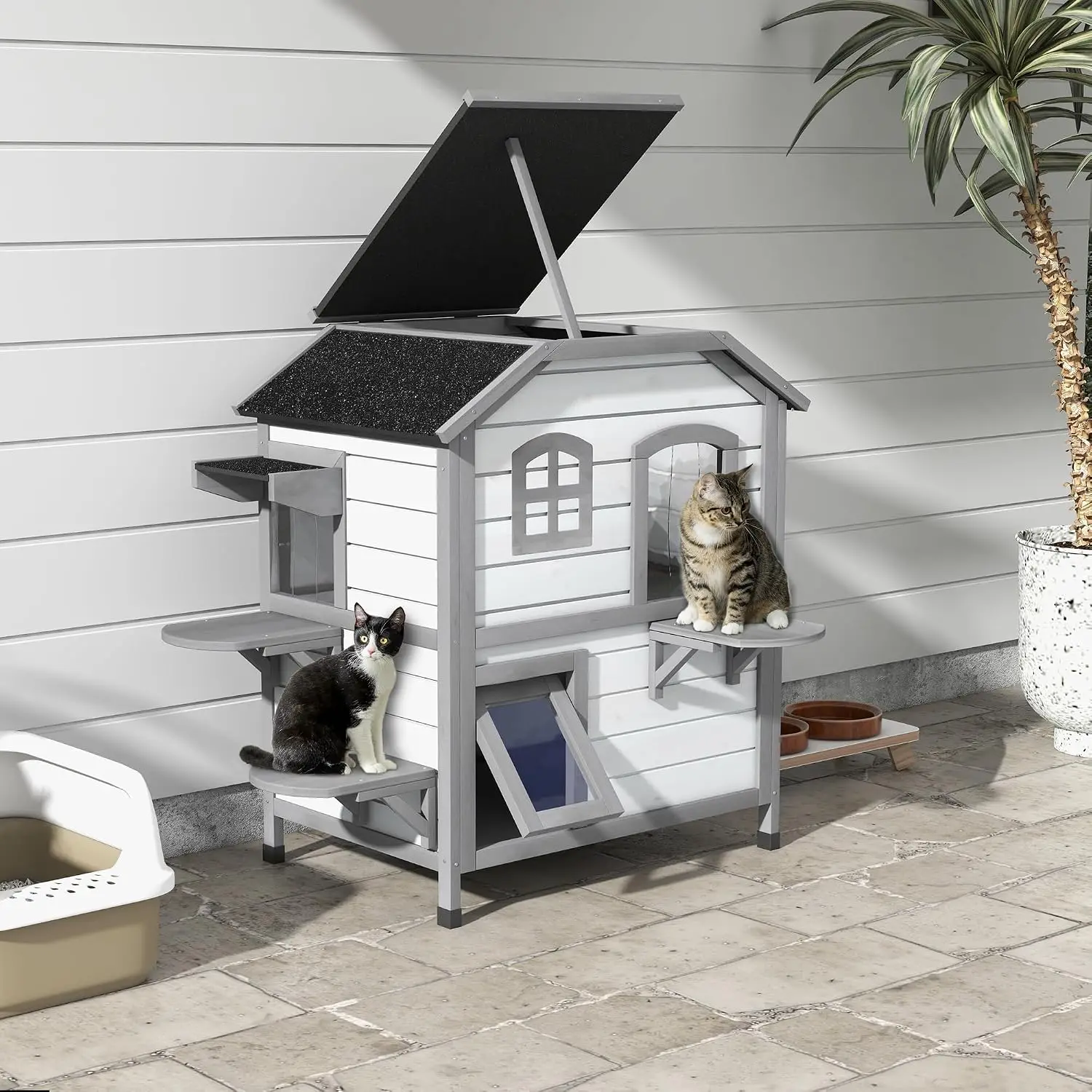 2-Story Wooden Cat House Outdoor Weatherproof Feral Cat Enclosure Escape Door Openable Roof Platforms White, Customized view 2