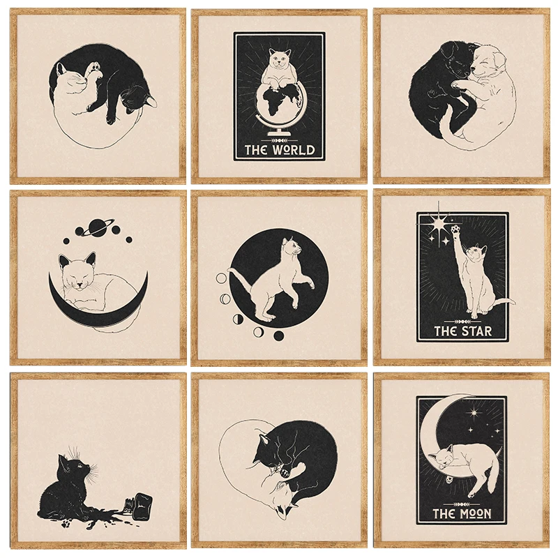 Affiche vintage style linogravure chats Yin et Yang, peinture sur toile mystique astrologie céleste, art mural bohème pour décoration intérieure