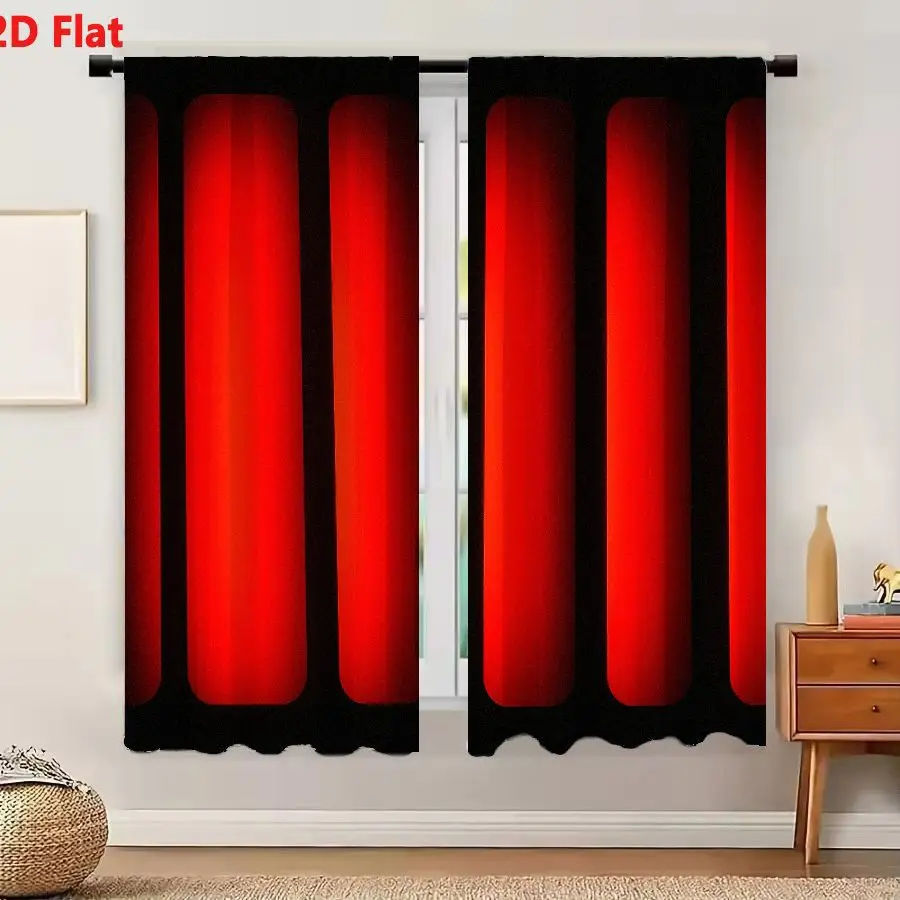 2Pcs Curtains 2D Flat Vertical Red Elongated Shapes With Glowing Effect On Black Background Window Drapes for Bedroom Room Decor