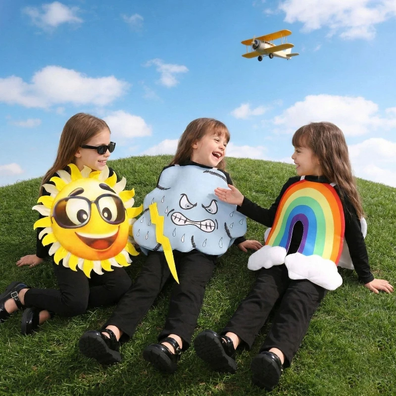 

Enfant Cute Rainbow Costume Angry Storm Cloud Dress Up Unisex Climate Weather Outfits Sunny Snowy Stage Performance Cosplay Suit