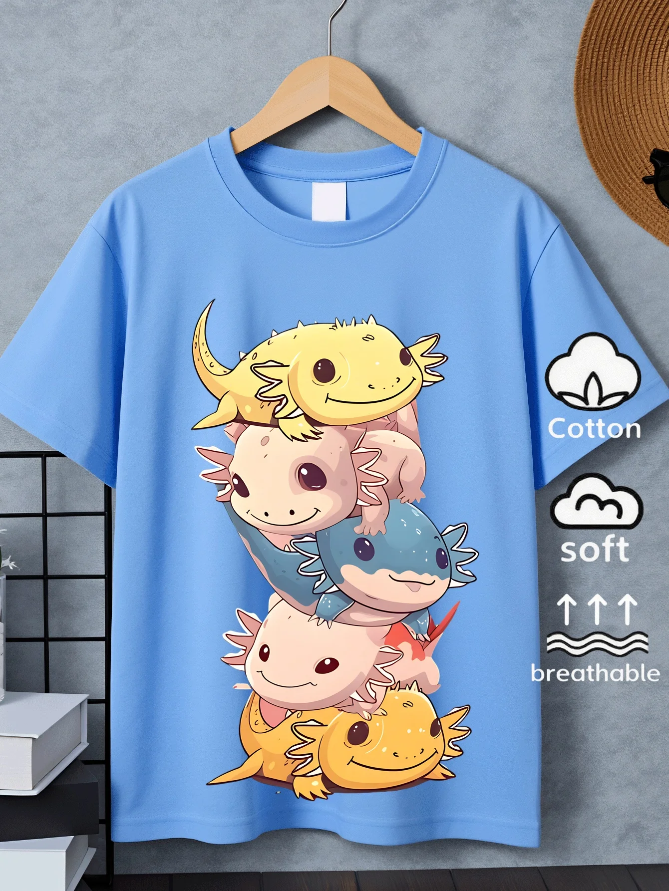 Children's Cute Salamander Layered Music Print Street Round Neck Short T-shirt Casual Soft and Comfortable Parent-child Outfit