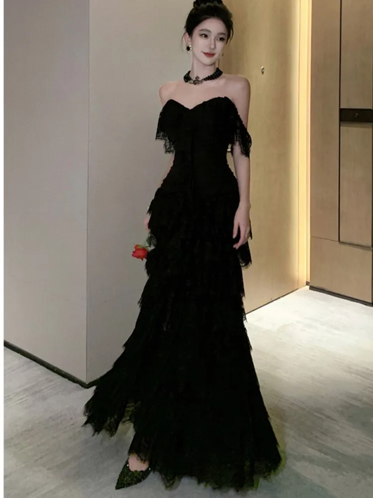 

Fashion Black Lace Womens Dresses Elegant Chic Slash Neck Princess Birthday Party Long Dress Split Vestidos Female Clothing New