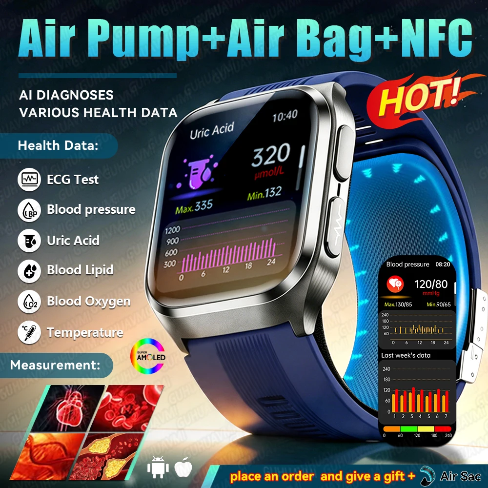 2026 New Airbag+Airpump Precise Blood Pressure Care SmartWatch Diagnosis ECG+PPG Uric Acid Blood Lipids NFC Smartwatch Men Women