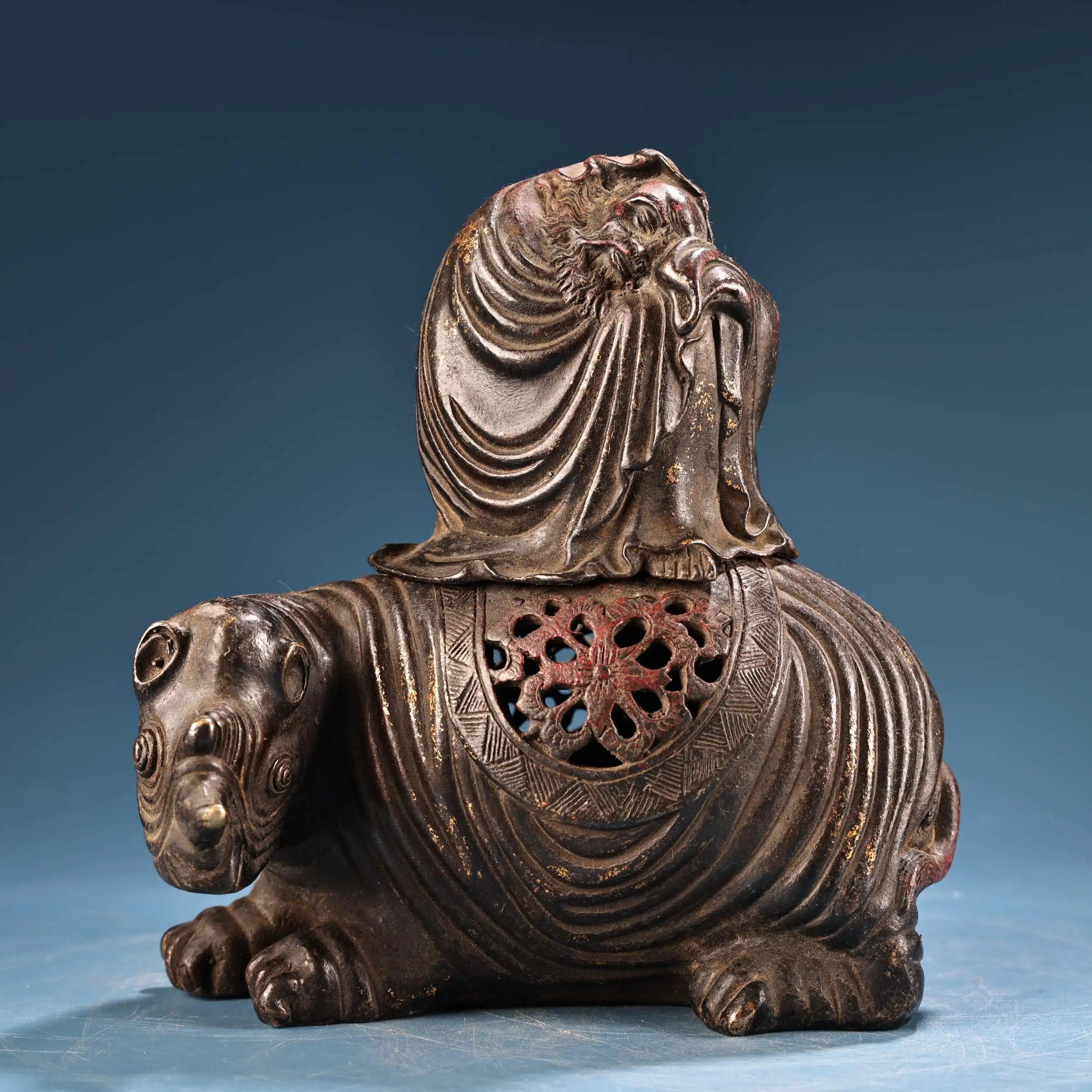 

6"Old Bronze Gilded Cinnabar High Relief Bodhidharma Sitting Buddha Unicorn Statue Beast Incense Burner Ornaments Town house