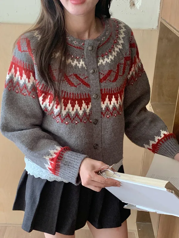 Retro Feel Fair Isle Trim Knitted Sweater Jaet Women Single Button Color Blo Long Sve Knitted Top for Women