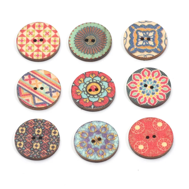 50pcs 15/20/25mm Mixed Pattern Wooden Buttons For Clothes Decorative Crafts Supplies Diy Needlework Handbags Sewing Accessories