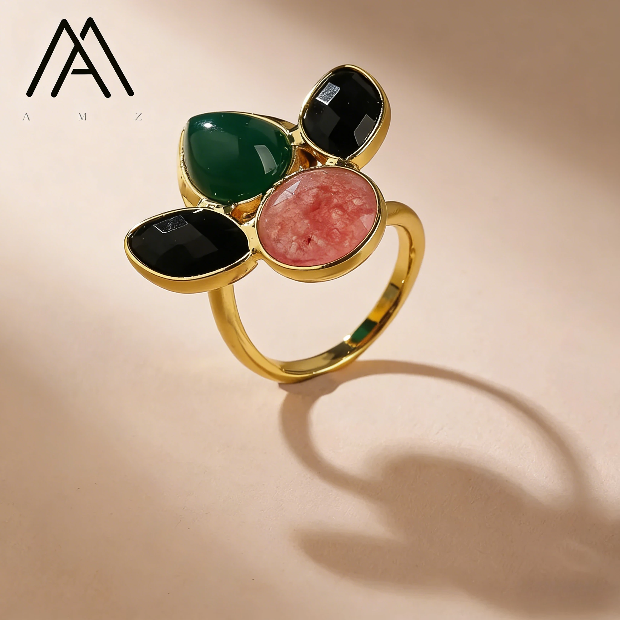 

Fashion Vintage Ring Strawberry Quartz Natural Gemstone Black Green Agate Adjustable Copper 18K Gold Plated Ring Anniversary