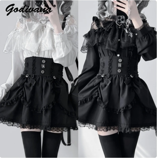 Mass-Produced New Spring Fall Womens Lolita Lace Mesh High Waist Fishbone Skirt Big Bow Long Sleeve Blouse Shirt 2 Piece Outfits