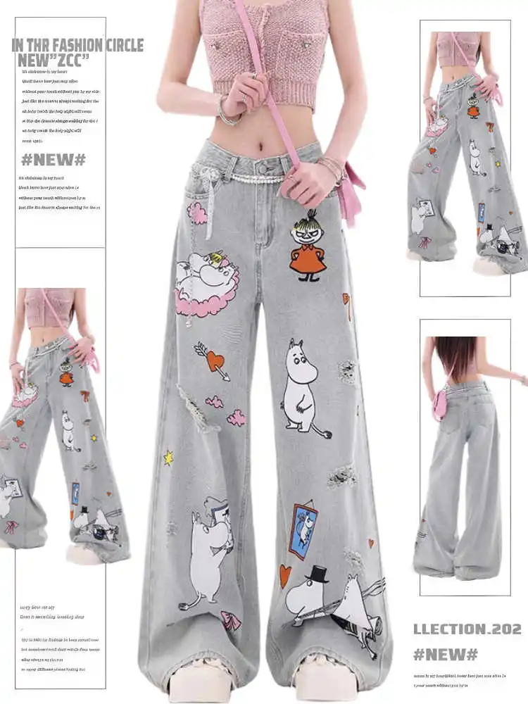 Women's Baggy Ripped Jean Korean High Street Y2k Japanese Wide Fit 2000s Cartoon Print Denim Pants Hole Long Trousers Harajuku