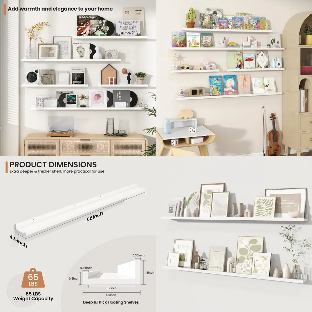 

Set of 2, 55 Rustic Floating Wall Shelves with Lip for Home Storage and Decor in Various Rooms, White