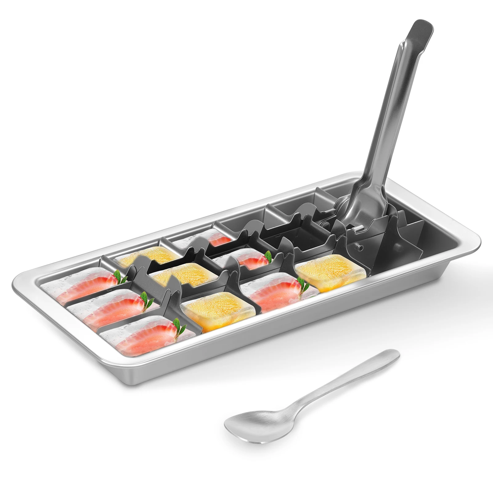 

304 Stainless Steel Ice Cube Tray with Spoon and Easy Release Handle 18 Slot Ice Cube Maker Mold Dishwasher Safe for Food Soup