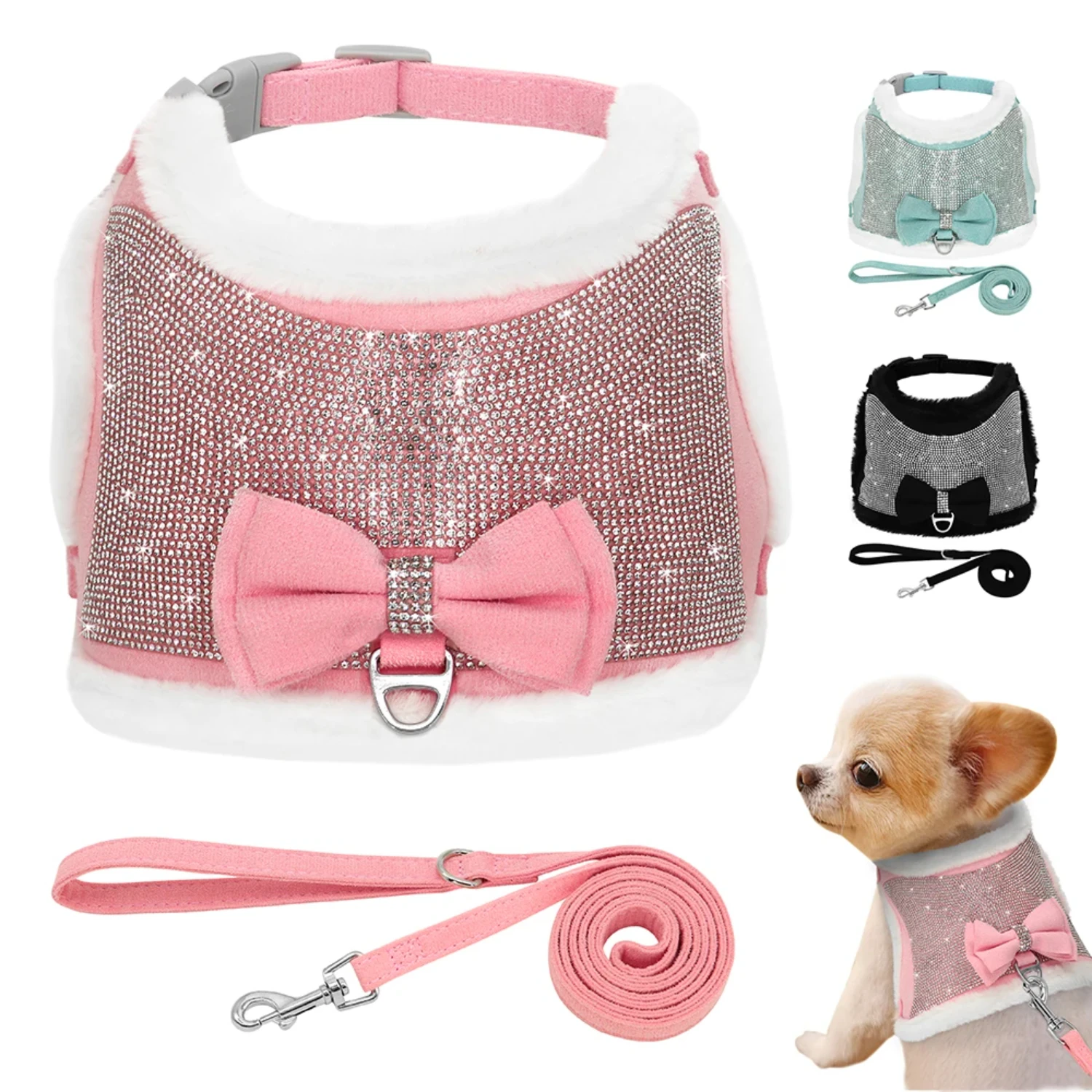 Soft and Warm Bling Rhinestones Harness Vest Set for Small Dogs and Cats with Bowtie - Winter Pet Clothes for Chihuahua