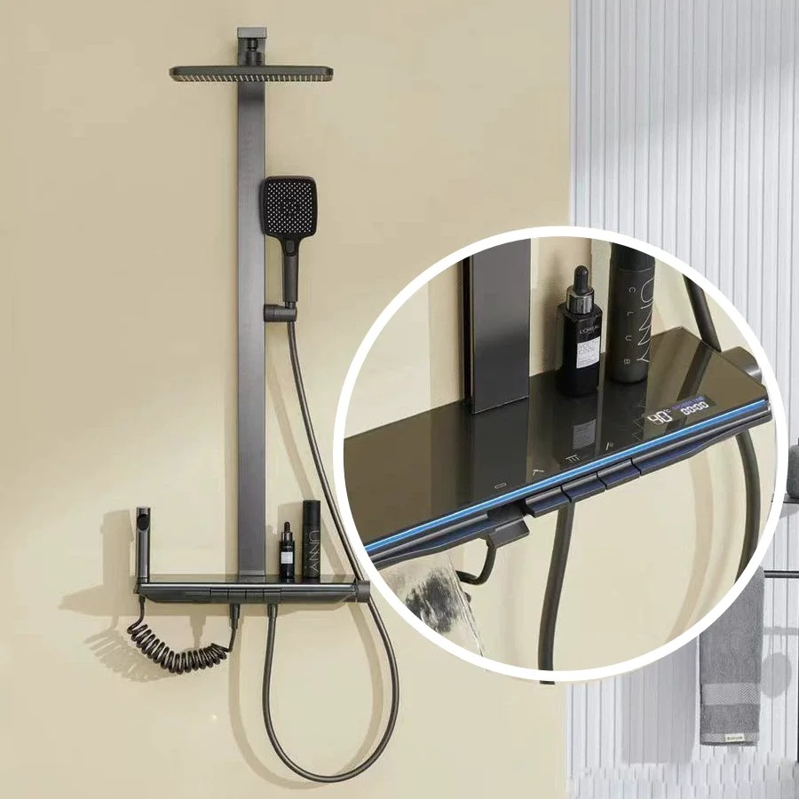 Black Gold Thermostatic Shower Set for Hotels Digital Display Rain/Massage/Jet Spray Pattern Brushed Bathroom Tap Hot Cold Water