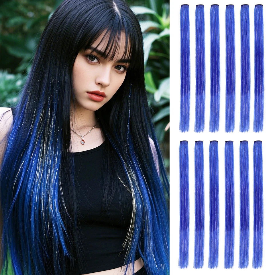 Synthetic Clip in Hair Extensions 12pcs/pack Clip in Colorful Hair Mixed Tinsels Glitter Hairpices for Women Girls Daily Party